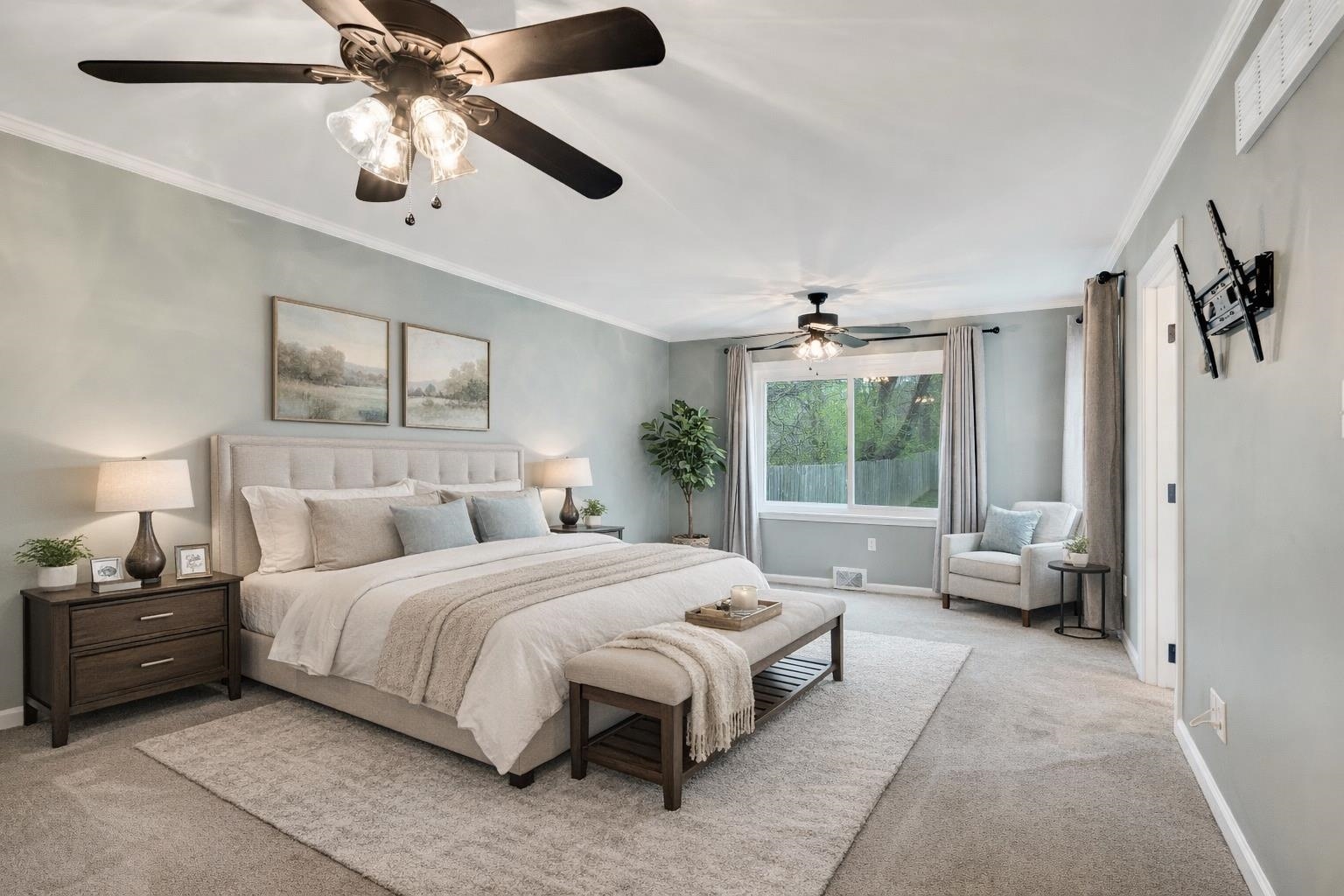 1658 Miller Farms Road Germantown, TN 38138 - Photo 16 of 39 Bedroom featuring ornamental molding, ceiling fan, and light colored carpet