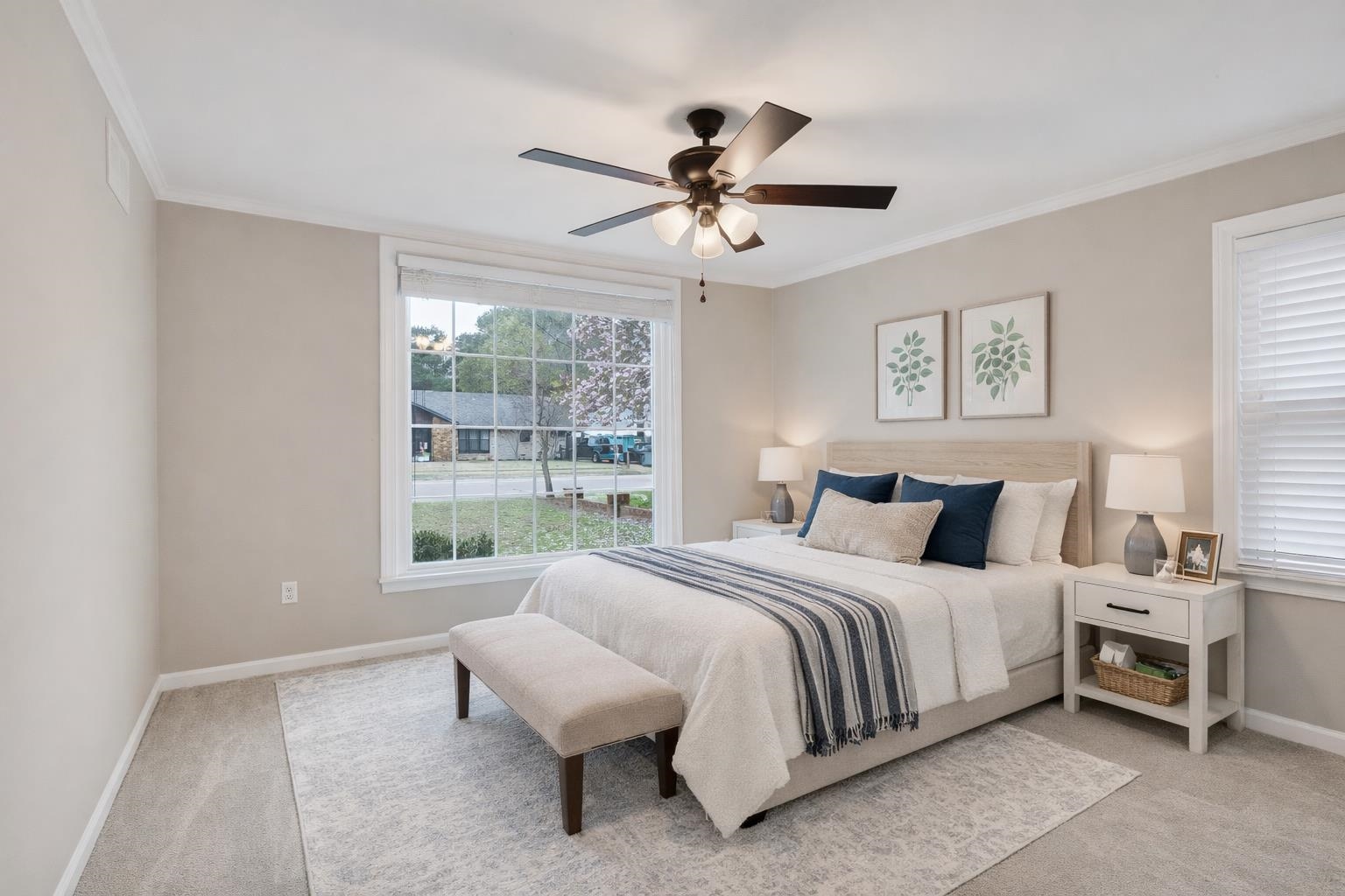 1658 Miller Farms Road Germantown, TN 38138 - Photo 20 of 39 Bedroom featuring light colored carpet, a ceiling fan, and ornamental molding