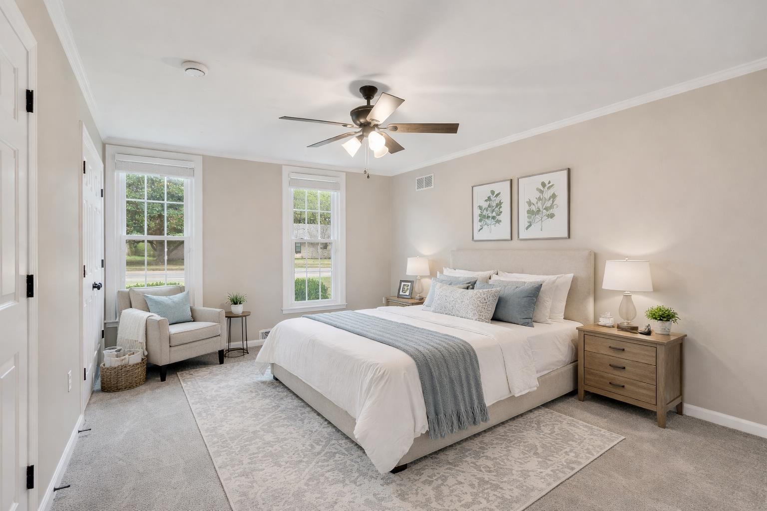 1658 Miller Farms Road Germantown, TN 38138 - Photo 23 of 39 Bedroom with light colored carpet, ceiling fan, and crown molding