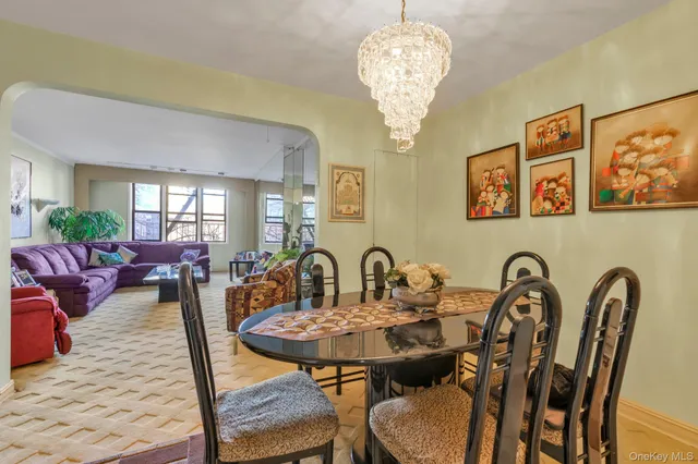 a view of a dining room with furniture