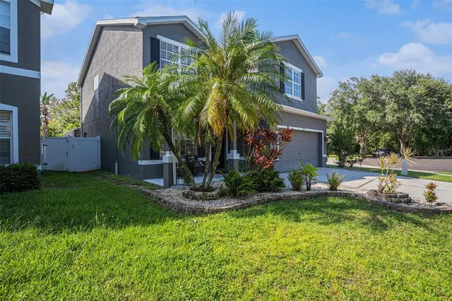 a view of a house with a yard and potted plants