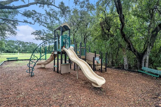 a view of a park with a slide