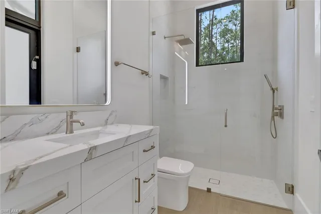 a bathroom with a granite countertop sink mirror vanity and toilet