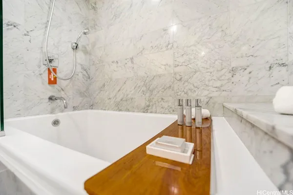 a bathroom with a bathtub