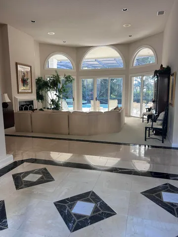 a living room with furniture and a potted plant