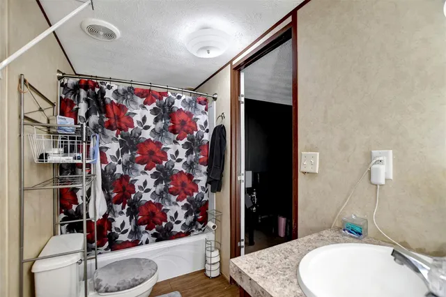 a bathroom with a toilet and shower curtain