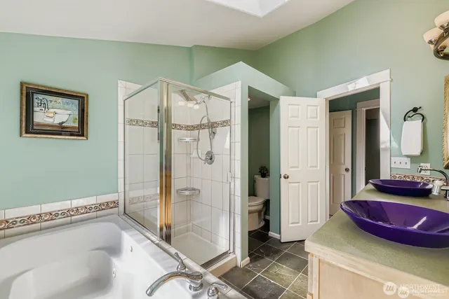 a bathroom with a tub shower sink and mirror