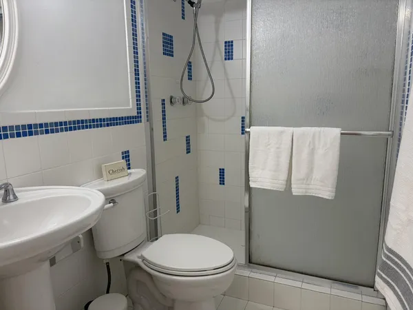 a bathroom with a toilet sink and shower