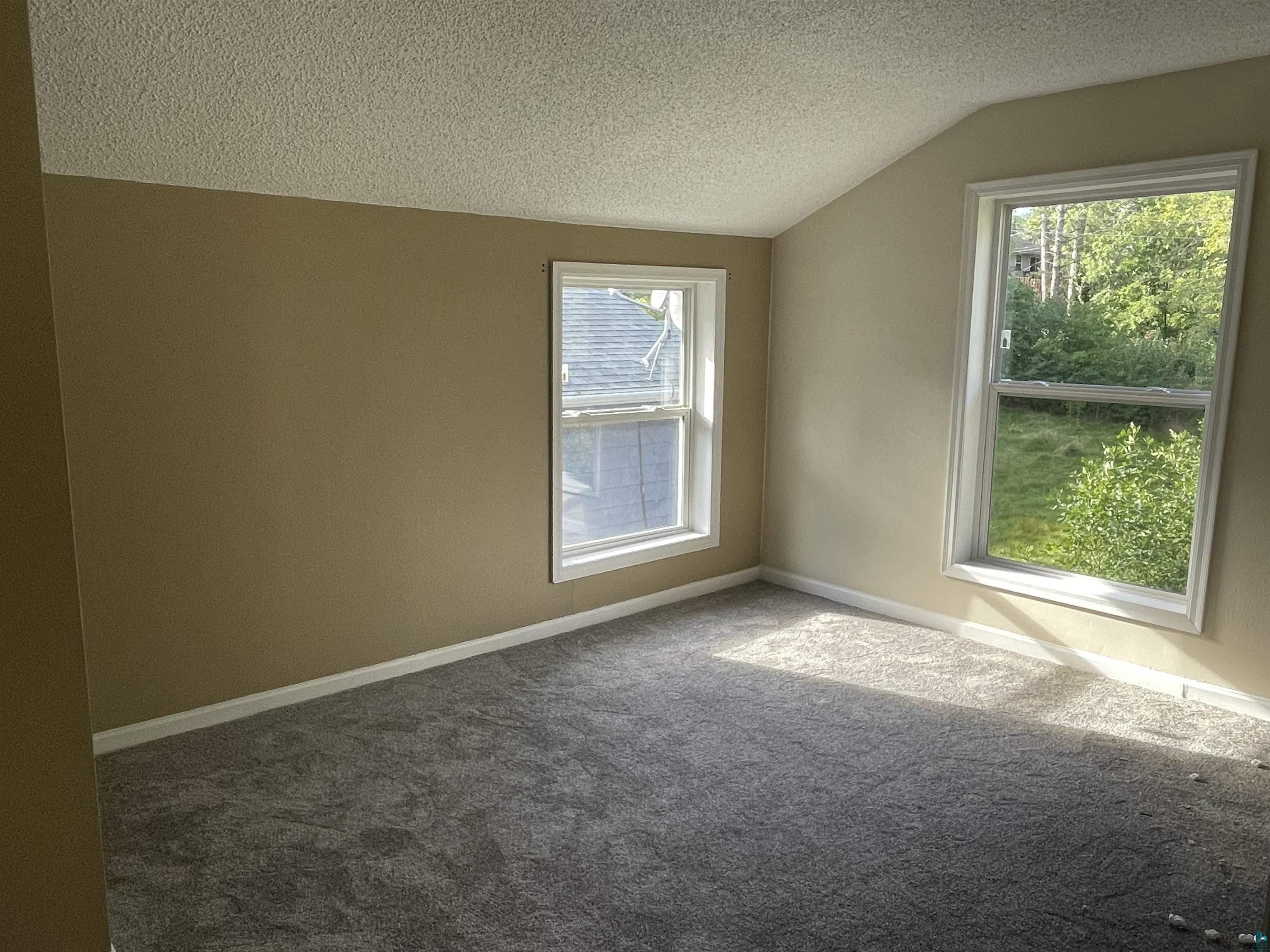 4315 Pitt Street Duluth, MN 55804 - Photo 23 of 27 Empty room with lofted ceiling, carpet floors, and a textured ceiling