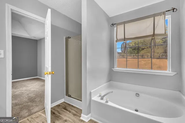 a bathroom with a bathtub and shower