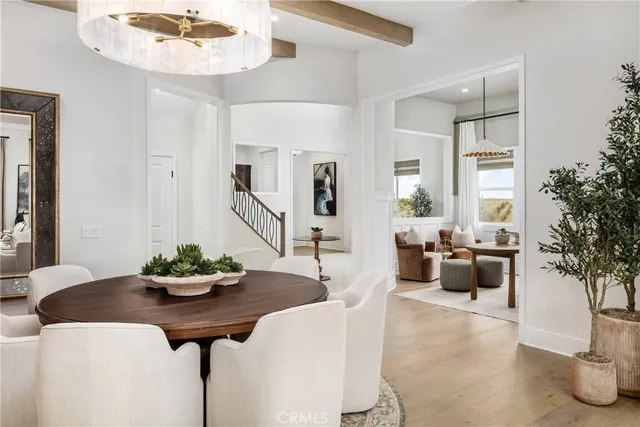 a living room with furniture potted plant and a chandelier
