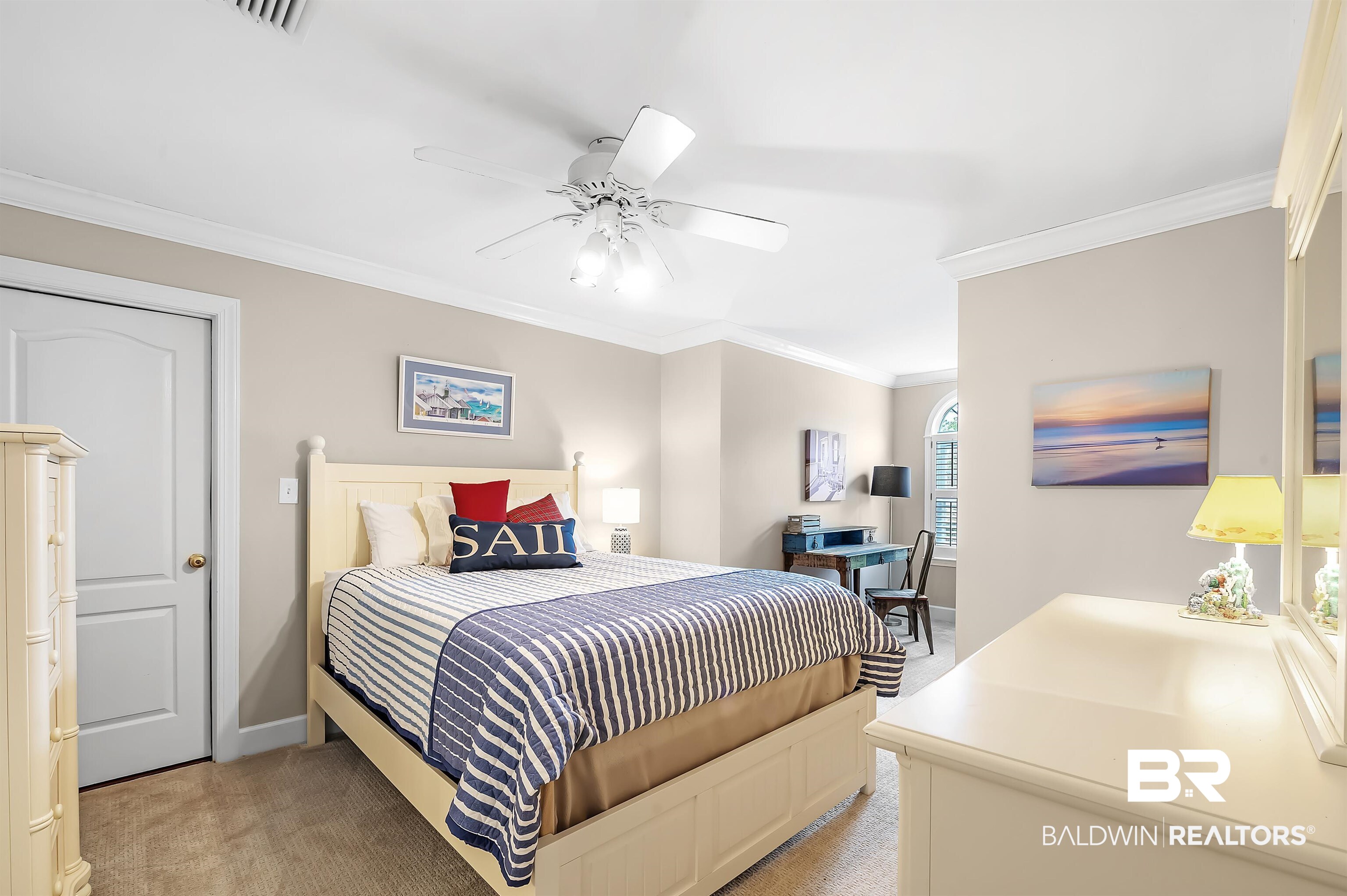 8915 Bay Point Drive Elberta, AL 36530 - Photo 66 of 74 Bedroom with light carpet, visible vents, a ceiling fan, baseboards, and ornamental molding