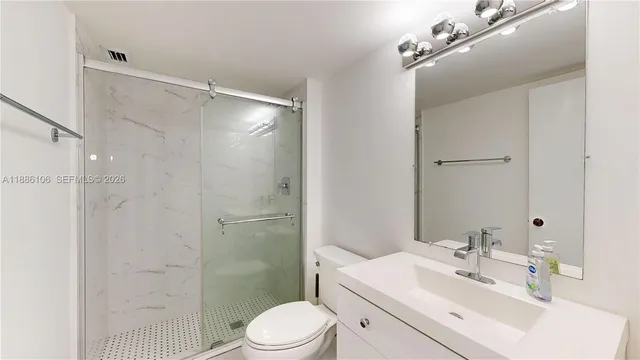a bathroom with a toilet a sink a mirror a shower a vanity and window