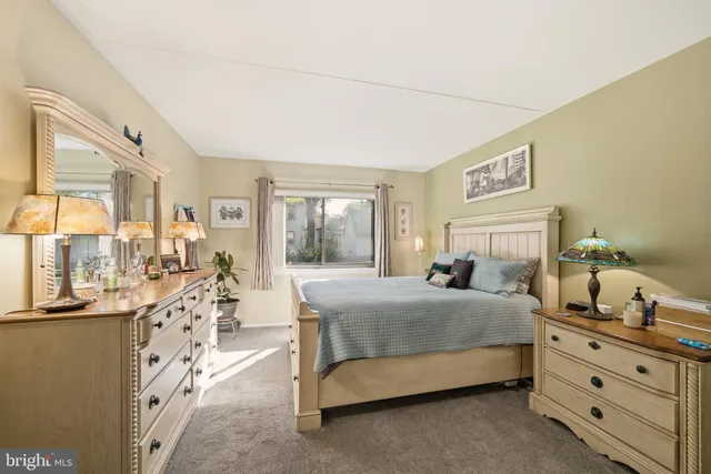 a bedroom with a bed and large windows