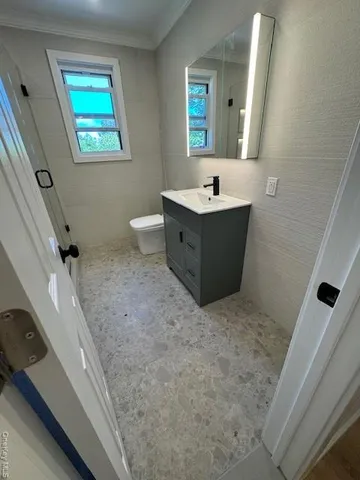 a bathroom with a sink a toilet and mirror