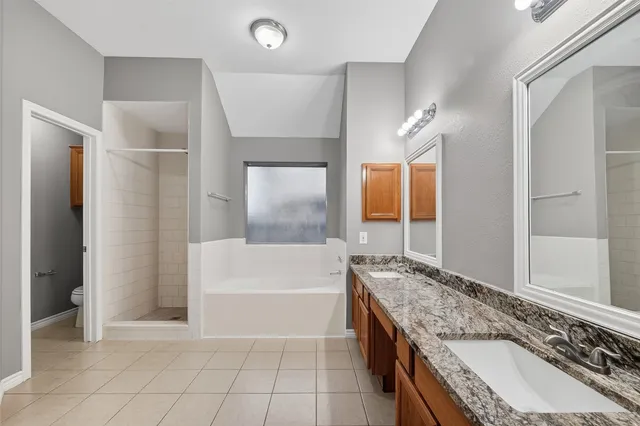 a bathroom with a granite countertop bathtub sink and mirror