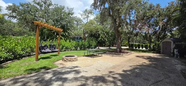 a view of a park with plants and trees