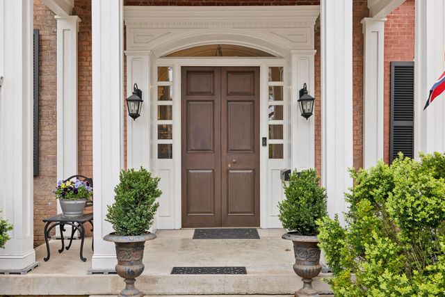 a view of a patio with chairs and a potted plant