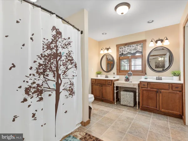 a backyard of a house with plants and large tree