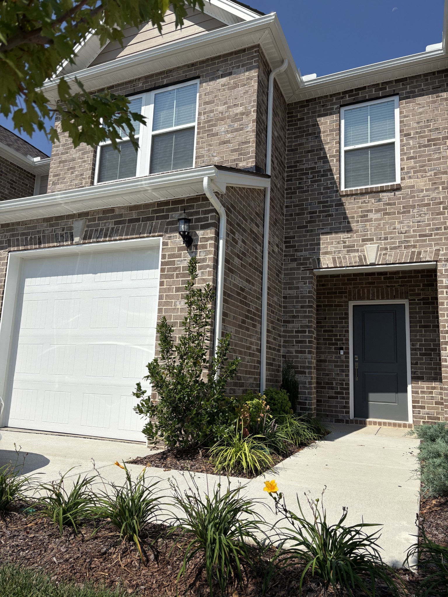 a view of a house with a yard and potted plants