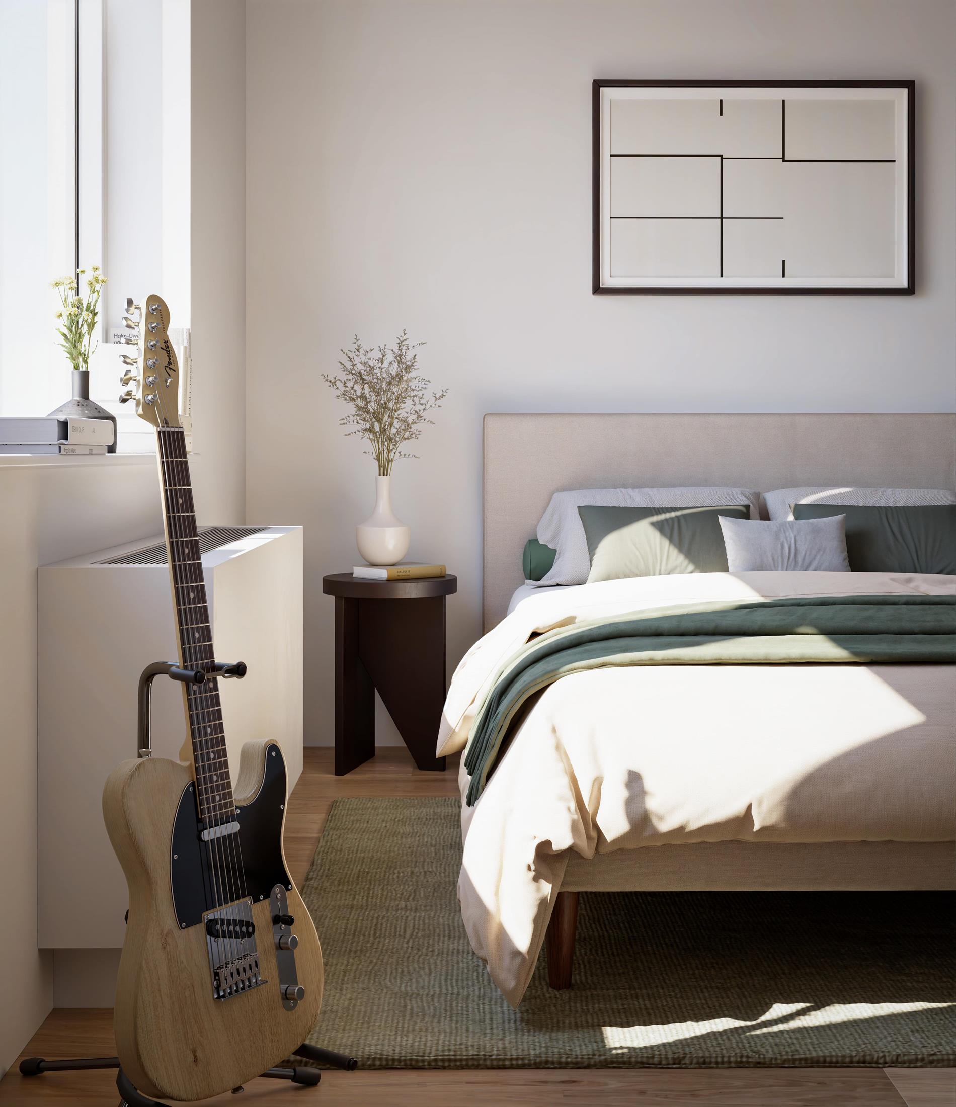 a bedroom with a bed and dresser