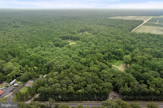 an aerial view of residential houses with outdoor space and trees