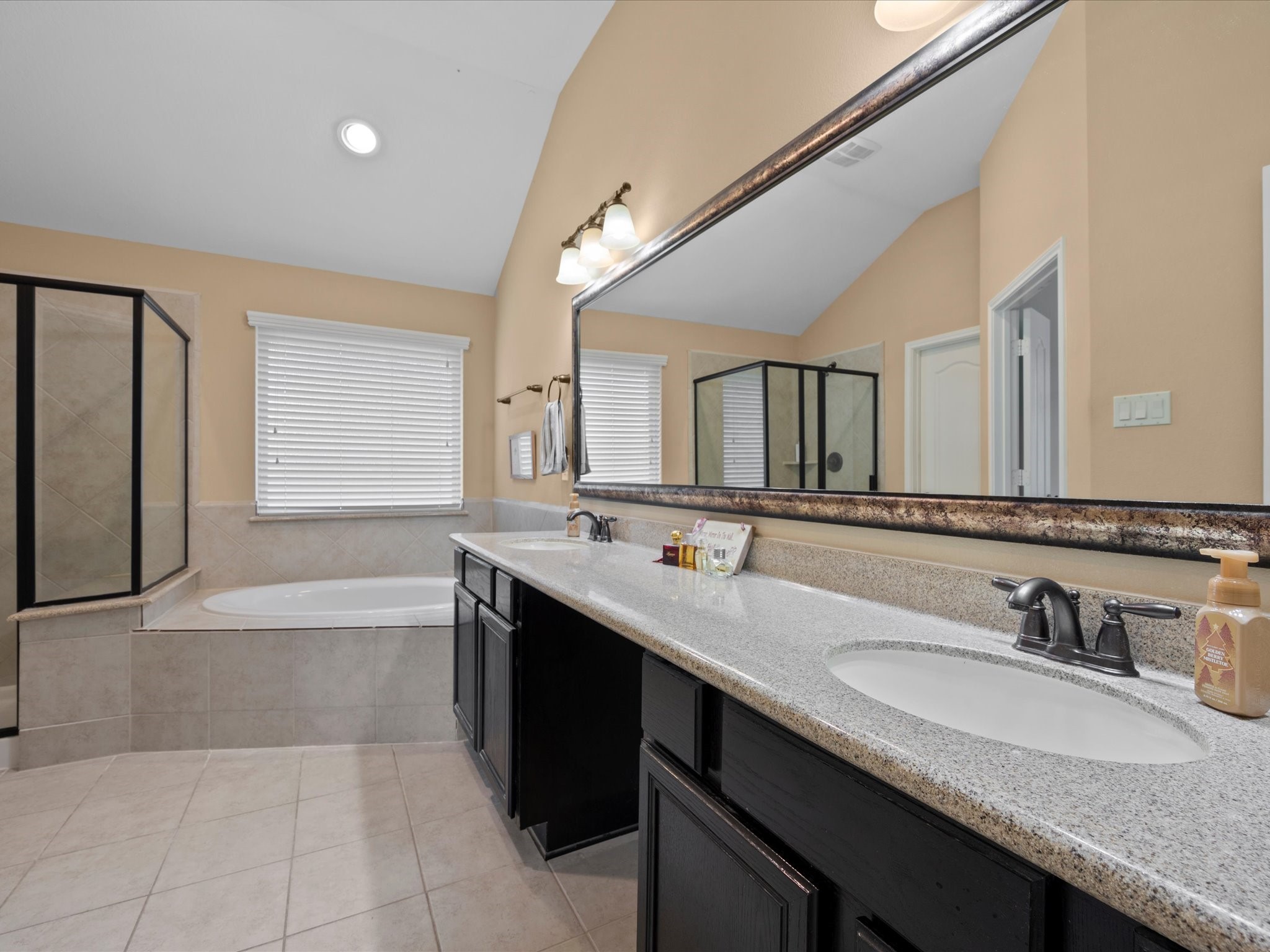 17254 Rookery Court Conroe, TX 77385 - Photo 16 of 36 a bathroom with a granite countertop sink a large mirror and a bathtub