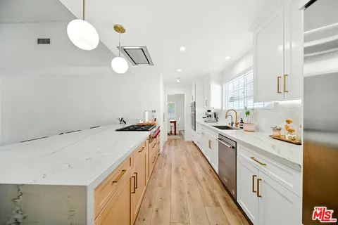 a kitchen with a sink a counter space appliances and cabinets