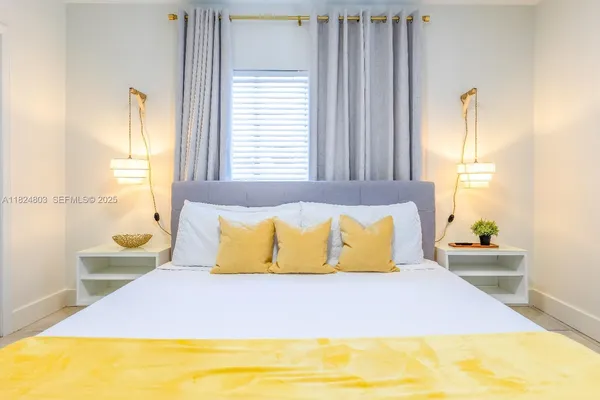 a bedroom with a bed and window