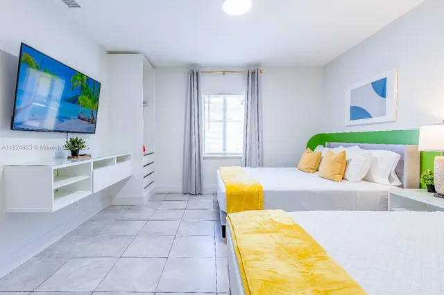 a bedroom with a bed and a flat screen tv