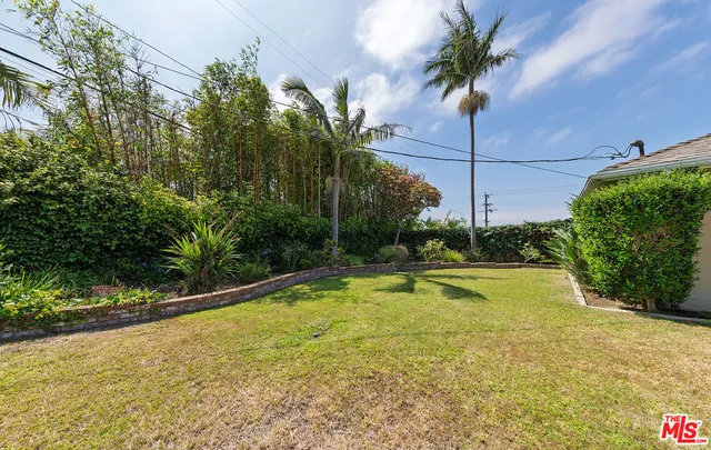a view of a swimming pool with a yard and palm trees