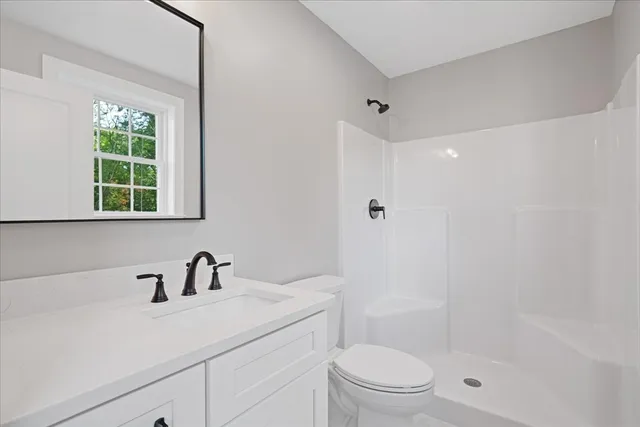 a bathroom with a sink a toilet and shower