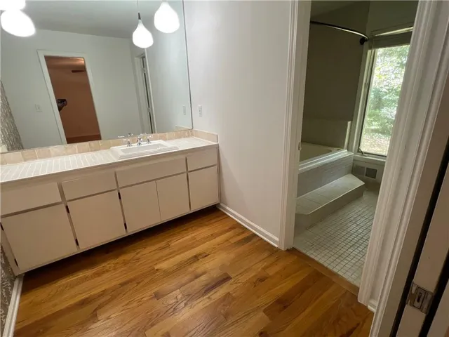 a bathroom with a sink and a mirror