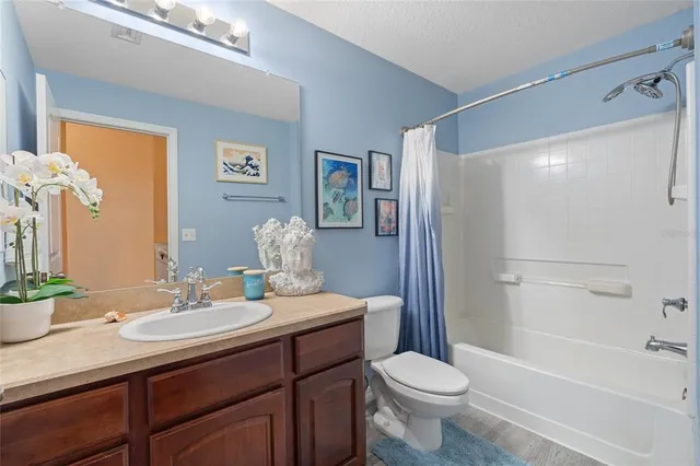 a bathroom with a sink a toilet a mirror a vanity and shower