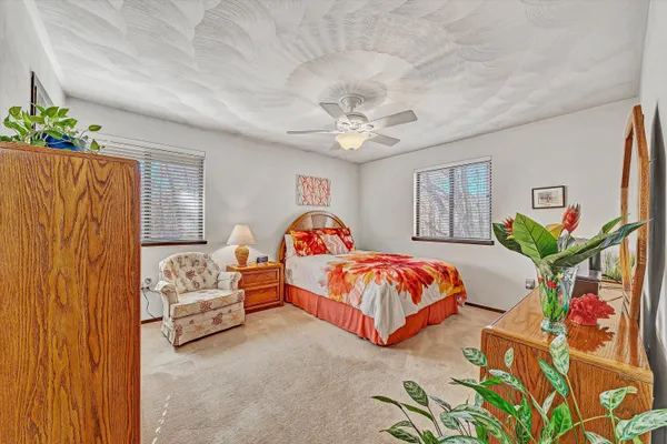 a bedroom with a bed and a couch