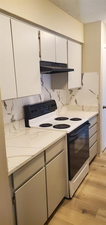 5532 Boca Raton Boulevard, Unit 290 Fort Worth, TX 76112 - Photo 7 of 16 Kitchen featuring light cabinetry, a black range hood, a white electric range, and light-toned countertops with a patterned backsplash.
