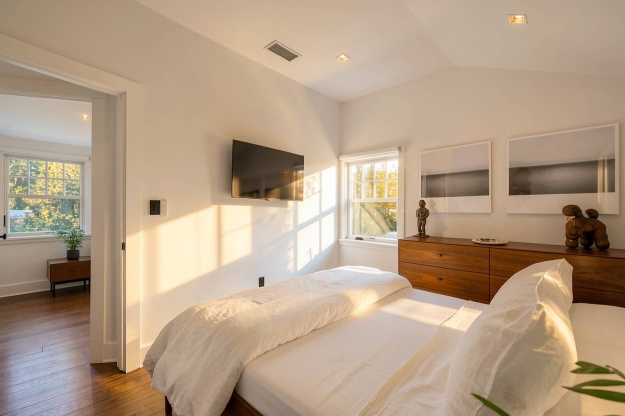 91 East Tiana Road Hampton Bays, NY 11946 - Photo 33 of 46 a bedroom with a bed and wooden floor