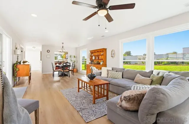 a living room with furniture ceiling fan and a rug