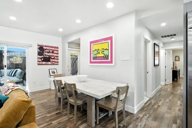 a view of a dining room with furniture