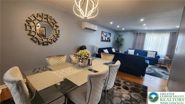 a view of a dining room with furniture