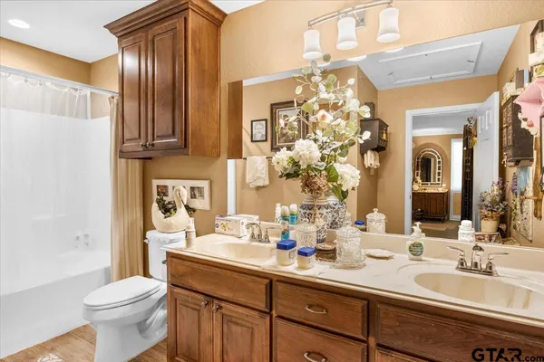 a bathroom with a double vanity sink mirror and toilet
