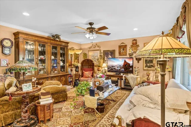 a view of a livingroom with furniture and a table