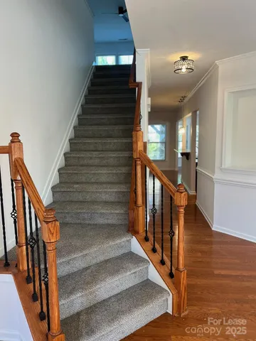 a view of staircase with lots of frames on wall and wooden floor