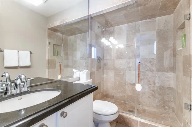a bathroom with a granite countertop sink a toilet a mirror and shower