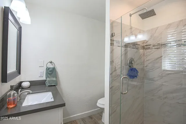 a bathroom with a sink toilet and shower