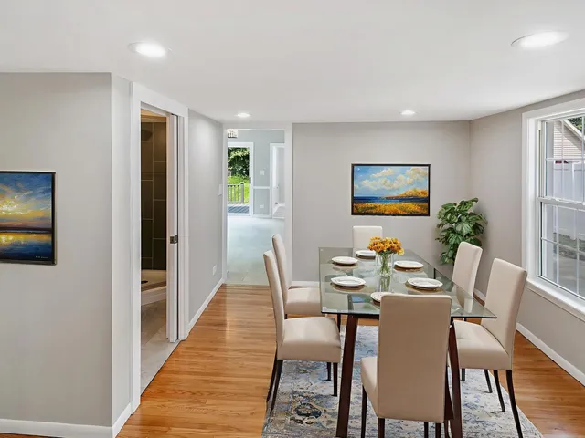 a view of a dining room with furniture