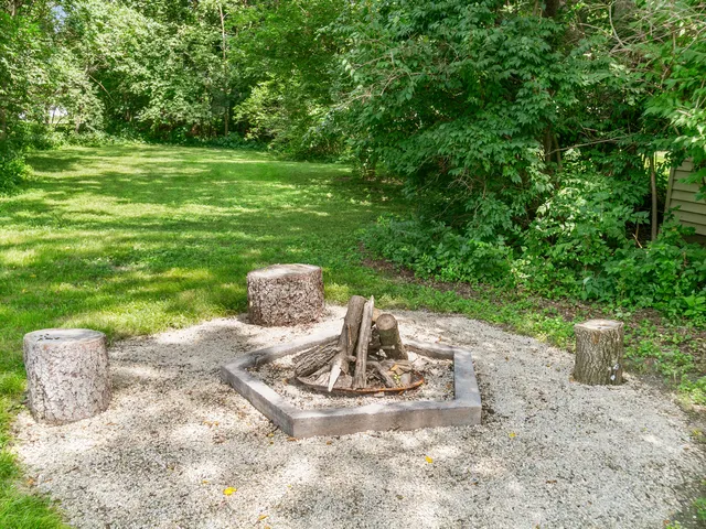 a view of a garden with a fountain