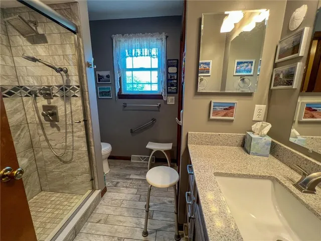 a bathroom with a sink a toilet and shower
