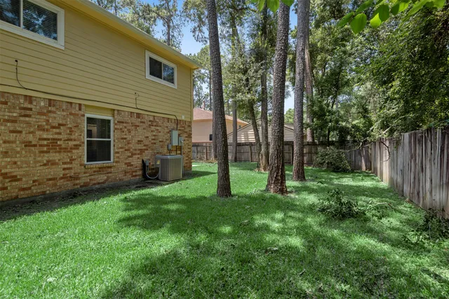 a view of a backyard with large tree