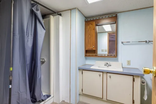 a bathroom with a sink vanity and a mirror